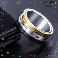 AMBER Roman Numerals Rings Vintage Men Titanium Steel Spinner Biker Date Time Punk