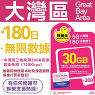 Mobile Duck x CMHK - 【大灣區（中國內地+香港+澳門）】鴨聊佳 180日 三地首30GB高速後限速無限任用丨數據卡 上網咭 sim卡丨網絡共享 香港實名登記 中國及澳門即買即用