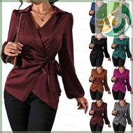 Yf6 As Womens Glossy Satins Deep V Neck Bishop Sleeve Wrap Waist Formal Top