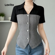 (NEW) Lovito Elegant Blouse Fabric Stitching Colorblock Button Front Spring/summer Black Blouse for 
