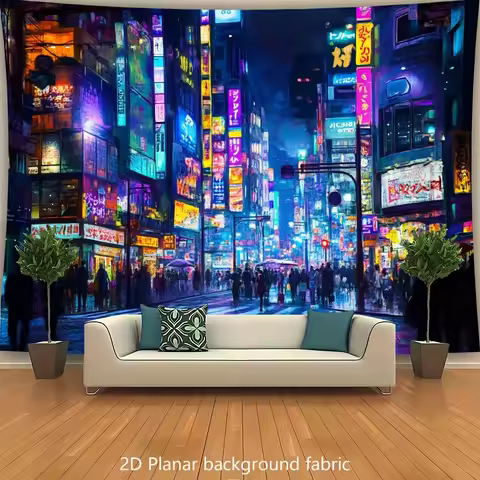 Neon City Night Street Scene Tapestry Tokyo Cyberpunk Urban Glow Wall Art 2D Planar Fabric for Moder