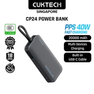 [CCC Power Bank] CUKTECH CP24 Power Bank 20000mAh 40W Fast Charging Built-in USB-C Cable Portable Ch