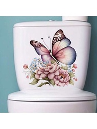 1個浴室馬桶貼紙,美麗的花與蝴蝶房間裝飾壁貼,冰箱貼紙,木門自粘紙花朵,浴室裝飾工具