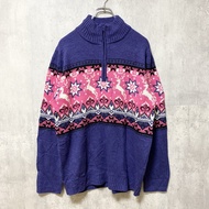 古著 Crivit 長袖北歐針織毛衣，半拉鍊，海軍藍和粉紅色，獨特設計，L 碼