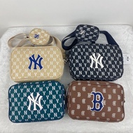 MLB洋基隊BY老花單肩斜跨包復古滿印綠色相機包大容量包包單肩包
