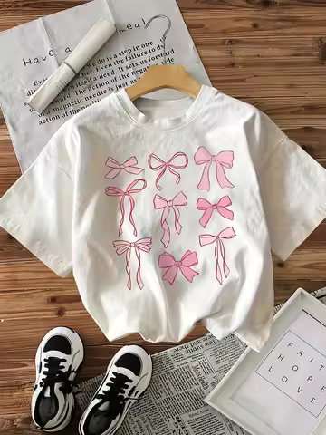 100% Cotton T-shirt Pink Bow Women'S Vintage Style Casual Printed T Shirt Bow Round Neck Short Sleev