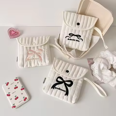 New Cream Color Portable Zero Coin Purse ins Bow Pattern Sanitary Pads Pouch Small Wallet for Women 