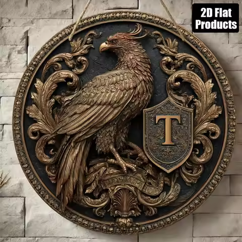2D Flat - A 2D Flat, One Piece, Round Wooden Decorative Plaque Featuring an Eagle Theme, Suitable fo