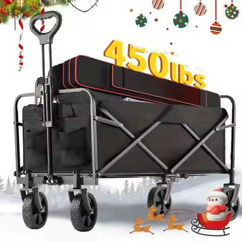 Heavy Duty Folding Garden Wagon 450LBS Capacity Adjustable Handle Portable Canvas Utility Cart for O