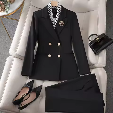 Women's Suits Black Blazer+Pants 2 Piece For Office Lady Formal Business Pantsuit White Elegant Outf