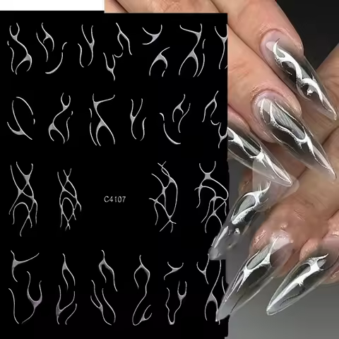 Bronzing Metal Gold Silver Flame 3D Nail Stickers Y2K Tribal Fire Design French Decal With Wavy Line