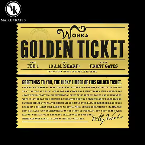 Wonka Golden Ticket Chocolate Factory Gold Foil Plastic Card Art Collection Memorial Gift
