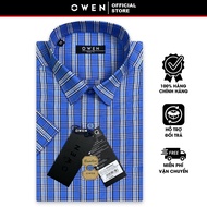 OWEN SALE - Áo Sơ Mi Owen Tay Ngắn Màu Xanh - Xám - Trắng  Họa Tiết Caro Form Body Fit Lai Ngang Chí