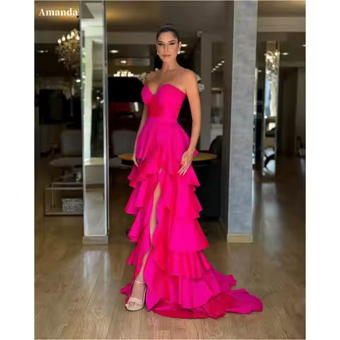 Amanda Customized Pink Cascading Ruffle Strapless Prom Dress Side Split Sleeveless vestidos de noche