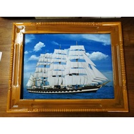 Feng Shui Hanging Picture Golden Teak Frame With Junk Ship Size 46 X 58 Cm. No.1