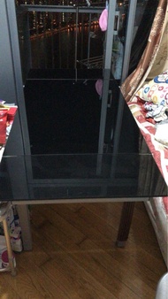伸縮玻璃餐枱金屬腳 Modern Black Glass Dining Table with Metal Legs 餐桌