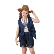 Women Navy Fringe Western Cowgirl Costume Dress with Hat Party Stage Outfit S-XL