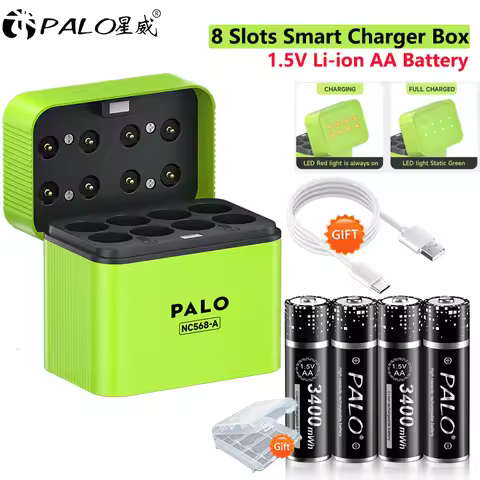 PALO 1.5V AA Rechargeable Battery 3400mWh 2A Lithium Li-ion Batteries+8slots 1.5V Battery Intelligen