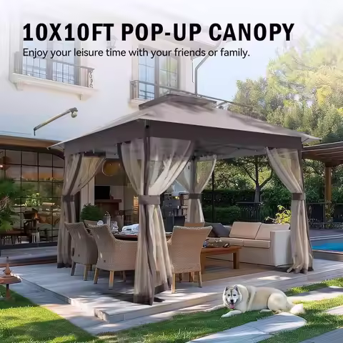 10x10 Outdoor Pop Up Gazebo - Instant Canopy Tent with Mosquito Nettings, Double Roof Vented Gazebo 