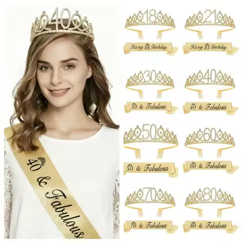 2pc/set Birthday Tiara Crown Sash Women Girls 18th 21Th 30Th 40Th 50Th 60Th 70Th 80Th Birthday Party