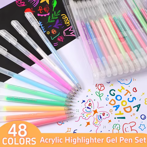 48 Colors Acrylic Highlight Gel Pen Set 1.0mm Tip for Student Hand Book Journaling Drawing Doodling