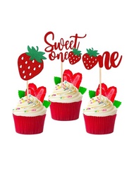 12入組草莓一號杯子蛋糕插牌,閃閃發光的甜蜜一號草莓杯子蛋糕插牌,適用於水果主題1歲生日周年慶祝派對蛋糕裝飾用品紅色