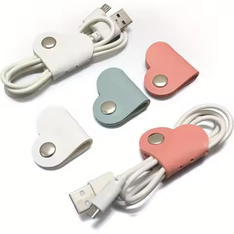 3Pcs Heart Shape Faux Leather Cable Ties Multicolor Earphone Charging Cord Organizer Clips Portable 