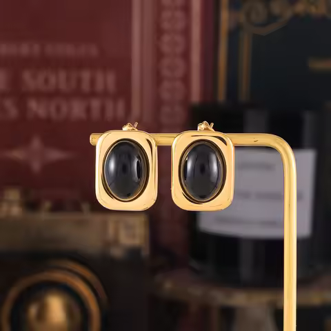 Gothic Black Glass Stone Vintage Earrings for Women 316 Stainless Steel Gold Plated Square Ear Stud 