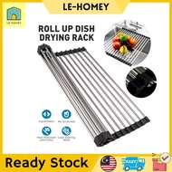 [Le-Homey] Roll-up Dish Drying Rack Foldable Stainless Steel Sink Kitchen Drainer