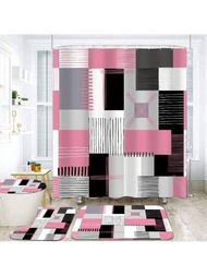 4入組粉色格紋圖案浴室配件套裝,包括防水淋浴簾(附12個掛鉤)、防滑地墊、防滑u形墊和防滑馬桶蓋套,時尚、簡約、現代風格。