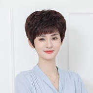 Short Wig Real Hair-Fluffy Slightly Curly Diagonal Bangs Middle-Aged Elderly 2 Colors 74ai34 [Wendy 