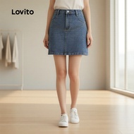 Lovito Skirt Denim Wanita Potongan Santai Warna Polos L100MD522