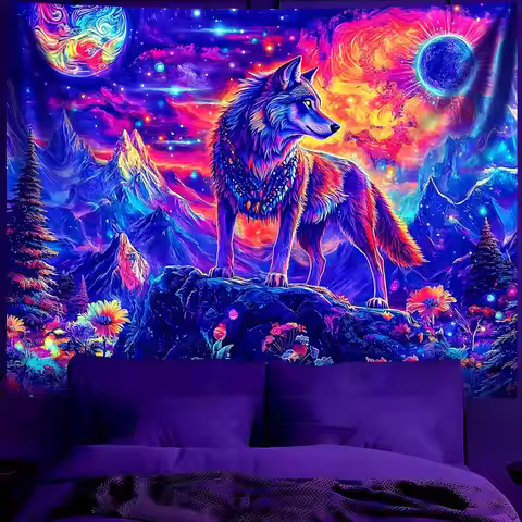 BVBOX Blacklight Animal Wolf Tapestry Iridescent Mountain Top Wolf Tapestry Glow In The Dark, UV Rea