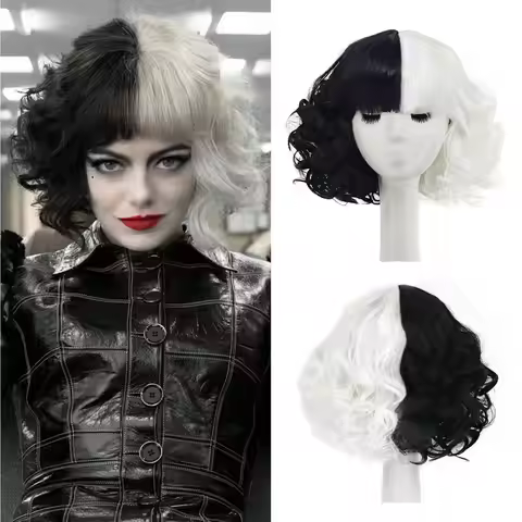 Black and White Wigs for Cruella Costume Women Short Curly Wavy Hair Wig with Wig Cute Synthetic Wig