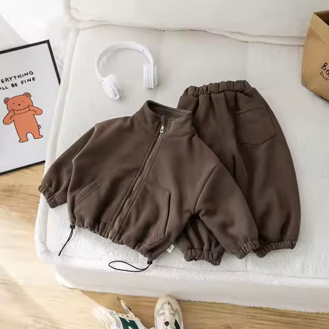 2025 new Boys' suit, winter fleece casual two-piece set, 1-6 years old sports zipper jacket + casual