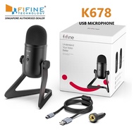 Fifine USB Condenser Microphone with Low latency headphone jack, monitoring and input gain control and mute button.