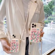 Casing For OPPO A38 A18 A79 A94 A93 Reno 4 5 4F 5F 6 6Z 7 7Z 8Z 8 8T 9 10 11 11F Pro Realme C67 Fashion Tulips Wallet Bag Soft TPU Phone Case With Lanyard