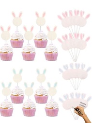 20入組復活節兔子耳杯子蛋糕插旗,兔子空白寫祝福詞卡蛋糕旗子,復活節蛋糕裝飾,適用於春季和生日派對等場合
