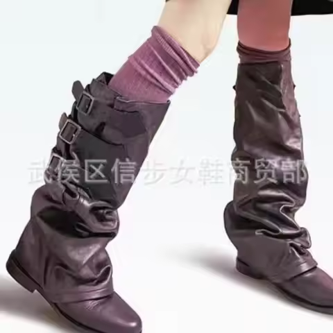 British Style Belt Buckle Women Boots 3CM Low Heels Solid Fashion Casual Large Size 46 Tooling Boots