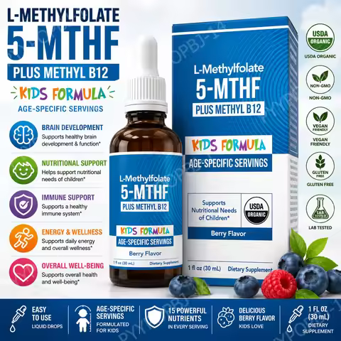 Kids L-Methylfolate 5-MTHF Liquid Drops with Methyl B12 Active Folate Support 1 Fl Oz USDA Organic V