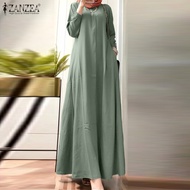 ZANZEA Muslimah ผู้หญิงมุสลิมสันทนาการชุด Maxi แข็งลูกเรือคอพัฟแขน A-Line Sundress