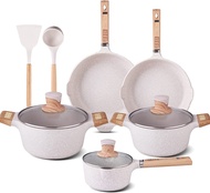 YIIFEEO 16 Pieces Cookware Set Nonstick Pans and Pots Sets Stone Non Stick Frying Pans and Saucepan Sets with Cooking UtensilsInduction Compatible (Cream Marble)