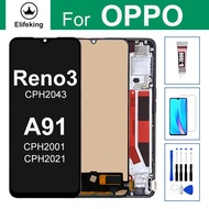 จอ LCD ขนาด6.4นิ้วสำหรับ OPPO A91 Reno 3 Reno3 4ก. PCPM00 CPH2021 CPH2001 CPH2043หน้าจอสัมผัสประกอบด