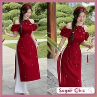 Traditional women's fashion ao dai set with beaded halter neck and stone flowers, short sleeves and 