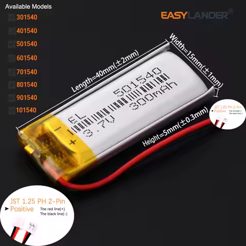 JST1.25 2P 801540 701439 Li-ion Polymer Lithium Battery Lipo 301540 401540 501540 3.7V 300mAh 601540