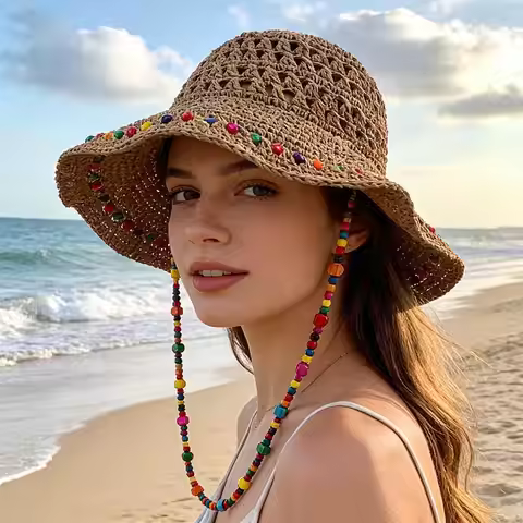 Colorful Beaded Straw Hat Trendy Crochet Straw Bucket Hat Outdoor Travel Large Brim Bucket Hat Seasi