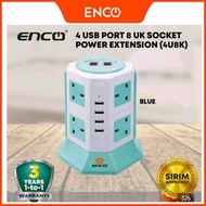 ENCO 4U8K (8 UK Plug 4 USB Port) Tower Extension / Extension Plug with Surge Protector with Sirim Ap