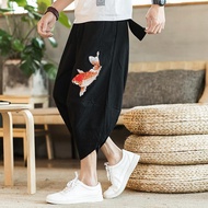 GISU MALL-Summer linen wide leg cropped pants men's loose shorts trend beach harem pants casual pants Thai style pants
