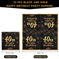 20/48pcs 13*13in/33*33cm Disposable Napkins, Black Background Gold Fireworks Balloon Gift Box 40th P