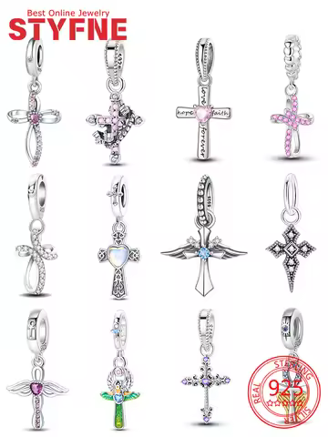 Original Charms 925 Silver Pink Zircon Love Cross Wing Cross Retro Pattern Cross Beads Pendant Fit D